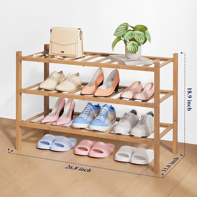 Kitsure Bamboo Wooden Shoe Rack for Closet - Stackable Shoe Organizer with Modular Structure, Space-Saving Shoe Shelf for Entryway, Living Room, Bedroom, 26.8" Wide - 3 Tiers, Brown - Image 2
