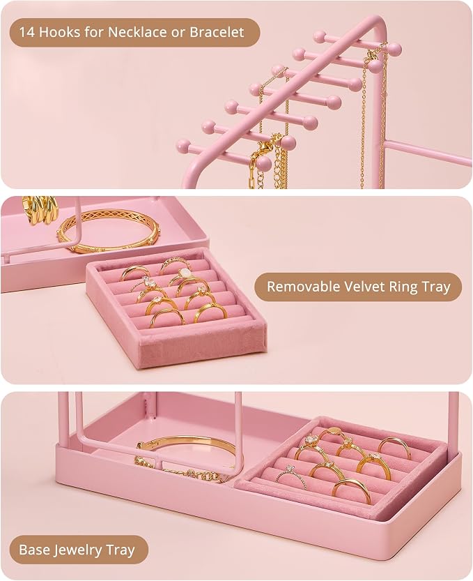 ProCase Jewelry Stand Holder Organizer, Jewelry Display Storage with Ring Tray, Rotating Earring Bracelet Necklace Holder, Valentine's Gifts Room Dorm Decor for Teen Girls -Pink (No-Assembly) - Image 6