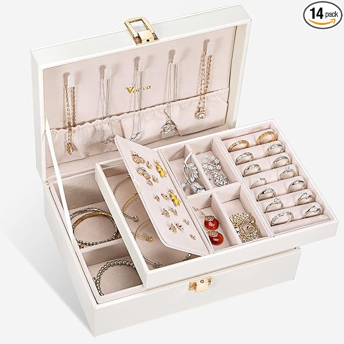 Voova Jewelry Box Organizer for Women Girls, 2 Layer Large Men Jewelry Storage Case, PU Leather Display Jewellery Holder with Removable Tray for Necklace Earrings Rings Bracelets, Vintage Gift, White by Voova