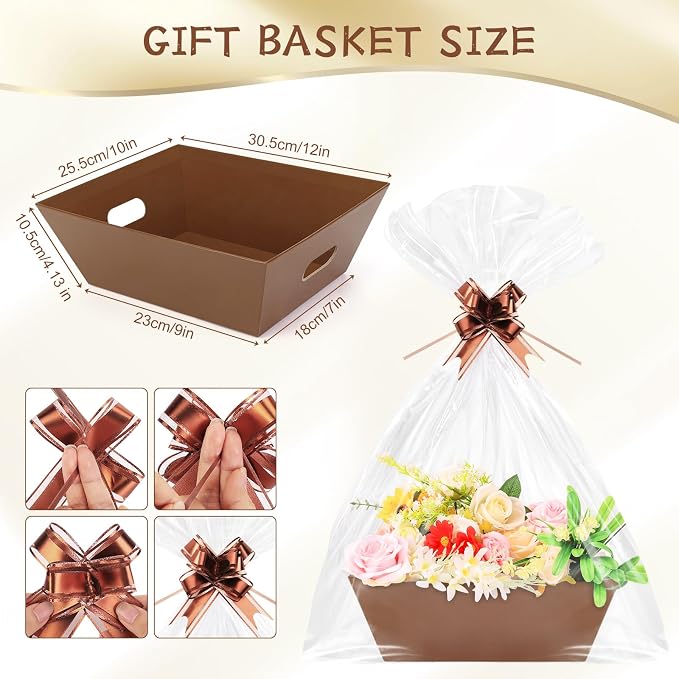 AFOROEOA 10PACK Baskets for Gifts Empty, 10x12”Thick Brown Gift Basket with Handles 10 Bows 10 Bags Empty Gift Baskets for Christmas Thanksgiving Wedding Birthday Party Wrapping Gift - Image 2
