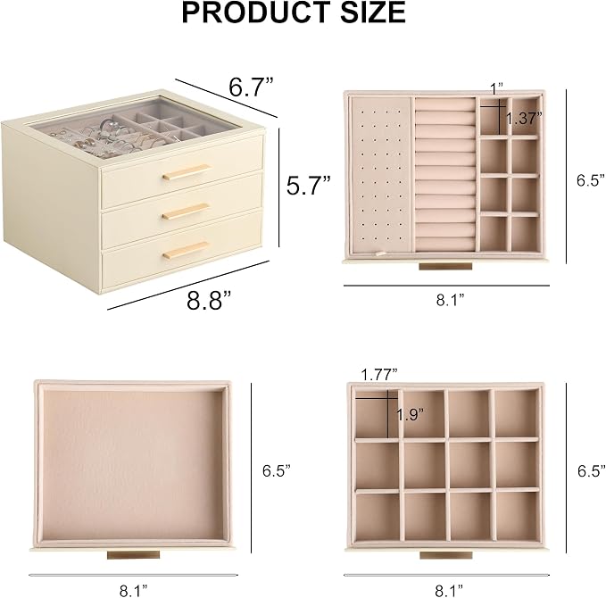 Frebeauty Clear Lid Jewelry Box,3-Layer Jewelry Organizer with Drawer,PU Leather Jewelry Organizers and Storage,Jewelry Boxes for Women,Jewelry Storage for Rings Earring Stud,Gift for Women(Beige) - Image 3