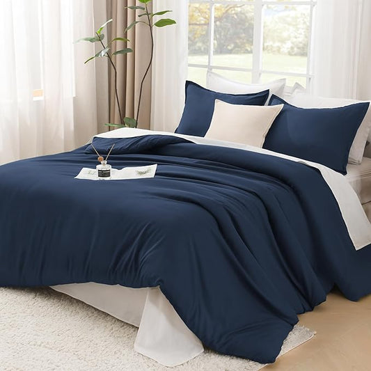 Litanika Navy Blue Comforters Oversized King Size, 3 Pieces Lightweight Solid Bedding Comforter Set, All Season Fluffy Bed Set (120x98In Comforter & 2 Pillowcases)