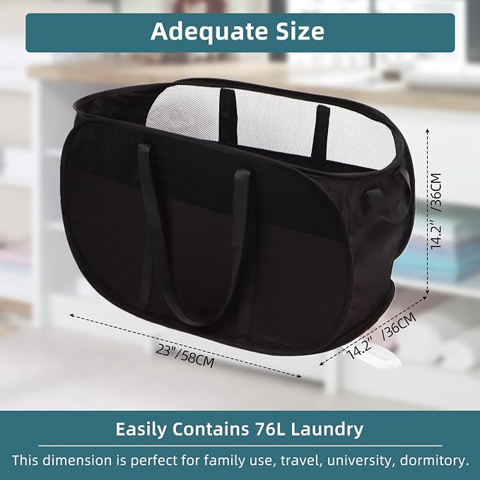 2 Pcs Collapsible Laundry Baskets, Tear Proof Pop Up Laundry Hamper with Dual Handles, Durable Foldable Laundry Basket, Easy to Carry Laundry Hamper for Home, Laundry Room, Bedroom, Dorm, Travel Black - Image 4
