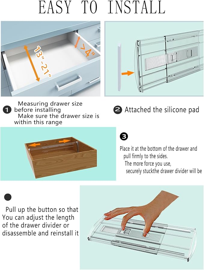 8 Pack Adjustable Drawer Dividers for Clothes,4" High Clear Expandable From 13-21" Drawer Organizers, PC Plastic Separators for Dresser/Bedroom/Bathroom/Kitchen/Office Storage,Easy to Assemble - Image 3