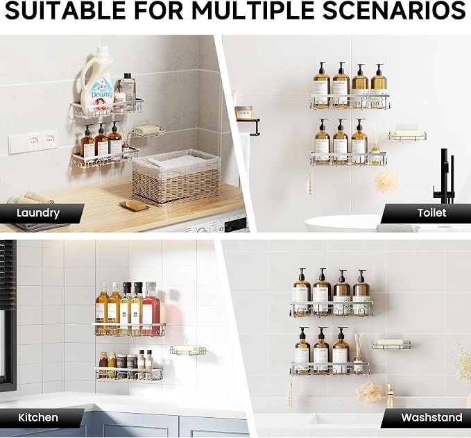 Shower Caddy, 3 Pack Shower Shelves for Inside Bathroom, Rustproof Adhesive Bathroom Organizer with Soap Holder, No Drilling Washroom Organizers and Storage for Tub Room/Kitchen/Home, Silver - Image 8