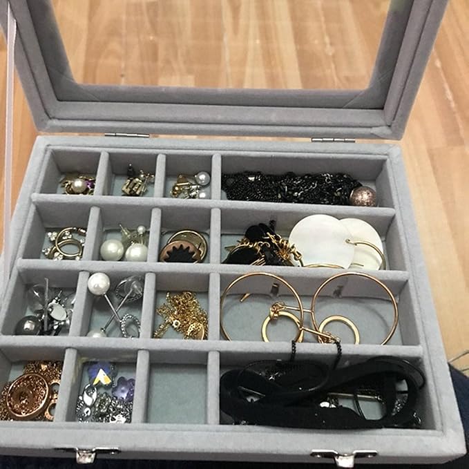 24 Grids Velvet Glass Ring Earrings Jewelry Box Earrings Organiser Storage Holder Display Case - Image 4