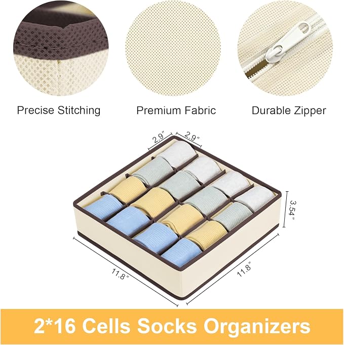Joyoldelf Sock Drawer Organizer Divider Underwear Organizer 16-cell Fabric Dresser Drawer Organizers Storage Boxes for Socks Lingerie, Handkerchiefs, Ties (Beige) - Image 2