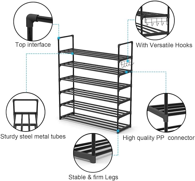 Hsscblet 6 Tiers Metal Shoe Rack,Adjustable Shoe Shelf Storage Organizer with Hooks,Stackable Boot & Shoe Storage,for Entryway,Hallway,Closet,Black - Image 6