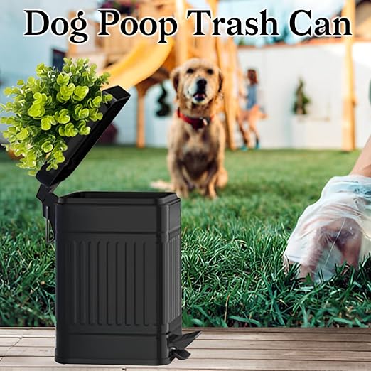 Tegneo Small Trash Can with Lid, Plant-Styled Outdoor Dog Poop Trash Can Outside, Farmhouse Retro Metal Garbage Can for Bathroom Office, Dog Waste Container with Pedal, Soft Close, 5L/1.3 Gal, Black - Image 2