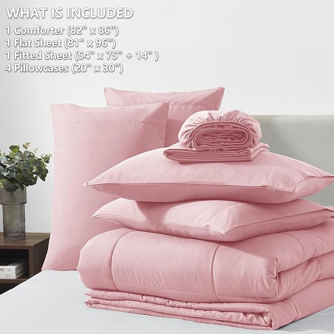 CozyLux Full Size Comforter Set Pink, 7 Pieces Bed in a Bag, Pink Comforter Full Size, All Season Bedding Sets with Stitch Quilted Comforter, Flat Sheet, Fitted Sheet, Pillowcases