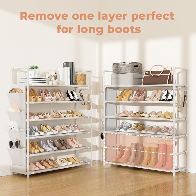 LANTEFUL 6 Tier Shoe Rack Storage for 24-30 Pairs Shoe and Boot, Shoe Organizer with Hook and Side Pocket Free Standing Long Shoe Shelf Tall Shoe Rack Organizer for Closet, Entryway, Dorm, White - Image 5