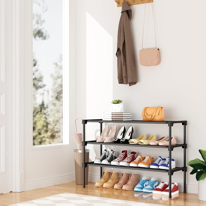 32.3" Widening Design Shoe Rack for Closet 16 Pairs Small Spaces Non-Woven 3 Tier Shoe Organizer Stackable Metal Shoe Shelf for Entryway, Bedroom - Image 2
