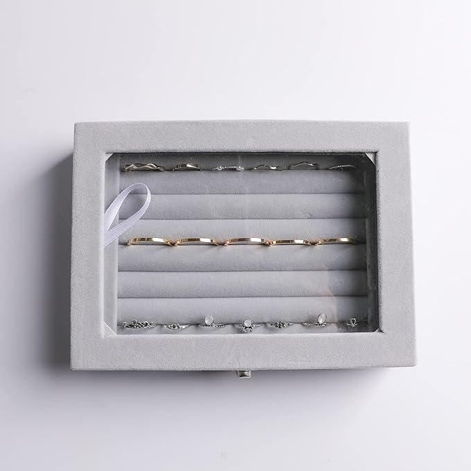 Frebeauty Rings/Earring Organizer Tray with Clear Lid,7 Slots Ring Box Velvet Ring Holder Drawer Insert Jewelry Storage Box Jewelry Display Case Jewelry Box Gift for Women and Girls(Grey,7 Slots) - Image 5
