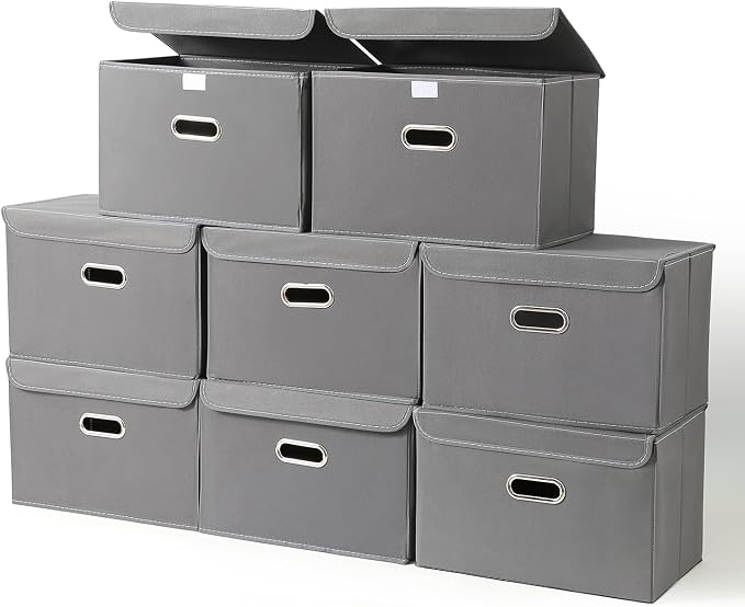 STOREONE Fabric Storage Cube Bins Foldable Organizer Container Collapsible Basket with Lids and Metal Handles, for Home, Bedroom, Closet 8 Pcs (Grey) by STOREONE