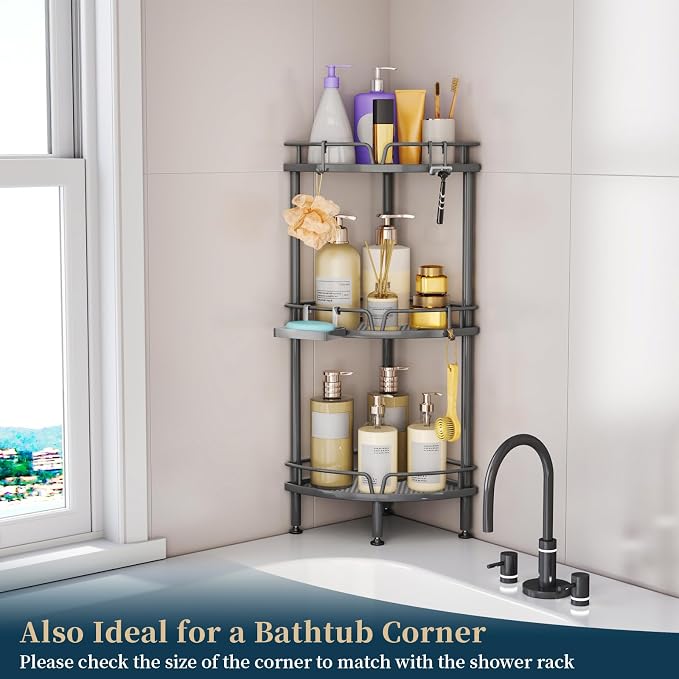 Consumest Corner Shower Caddy Stand - 3 Tier Shower Organizer with Soap Holder, Tall Floor Corner Shelf Standing with Adjustable Feet & 4 Hooks, Storage Rack for Bathroom Grey - Image 7