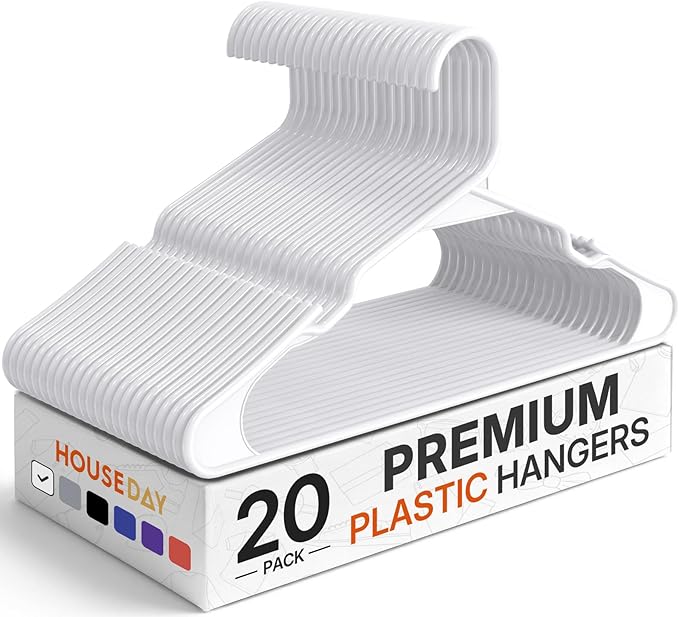 HOUSE DAY Plastic Hangers 20 Pack - White Clothes Hangers with Non-Slip Shoulder Grooves, Durable and Sturdy T-Shirt, Dress, Coat Hanger, Space Saving Design Perfect for Closet Organizers and Storage by HOUSEDAY