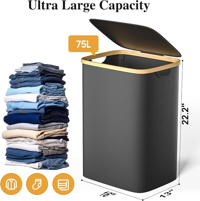 Foluck Large Laundry Hamper, 75L Waterproof Laundry Basket with Lid and Removable Bag, Collapsible Tall Clothes Hamper with Bamboo Handles for Clothes Toys in Dorm Bedroom Bathroom, Black - Image 2