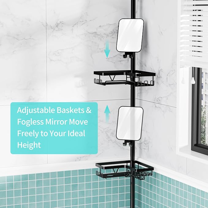 KEGII Shower Caddy Tension Pole - Adjustable Rustproof Corner Bathroom Organizer with Fogless Shower Mirror, 25–114.2 Inch No-Drill Bathroom Storage, Black - Image 2