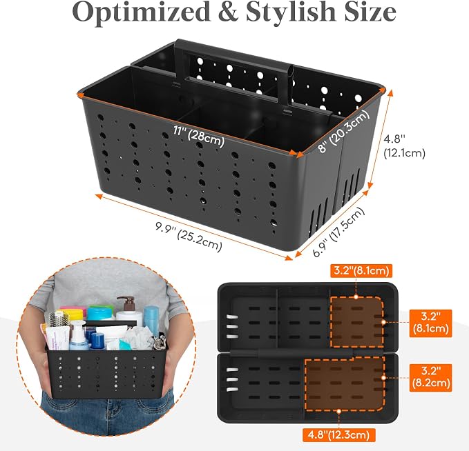 Lifewit Shower Caddy Portable, Cleaning Supplies Caddy Organizer with Handle and Adjustable Dividers, Plastic Shower Basket for Dorm Room Essentials, College, Bathroom, Black, 1 Pack - Image 2