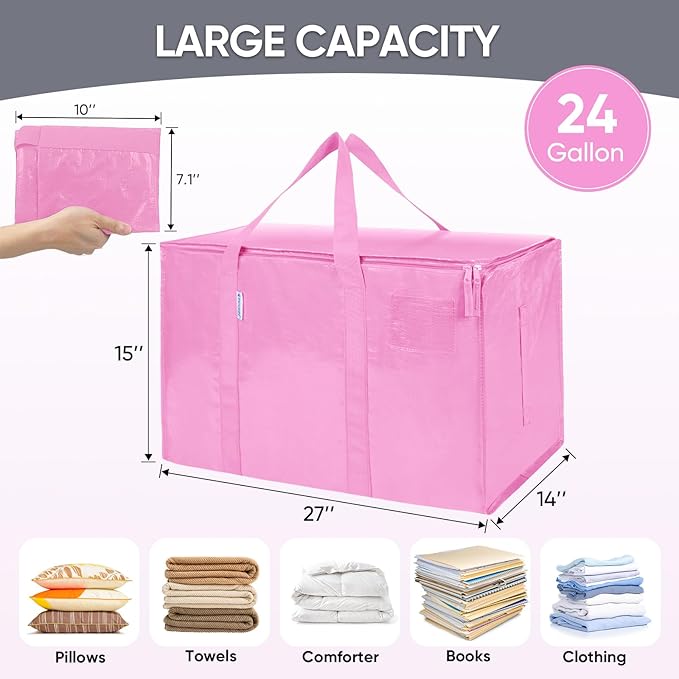 TICONN 6 Pack Extra Large Moving Bags Heavy Duty with Zippers & Carrying Handles, Durable Storage Bags Moving Boxes for Closet Organizers and Storage (6 Pack, Pink) - Image 5