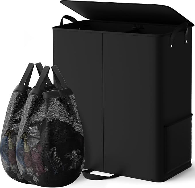 Large Double Laundry Hamper with Lid, Removable Bags & Reinforced Handles, 2 Section Tall Laundry Basket, Dirty Clothes Hampers for Laundry Room, Bedroom, Bathroom, Dorm, 155L, Black by Unknown