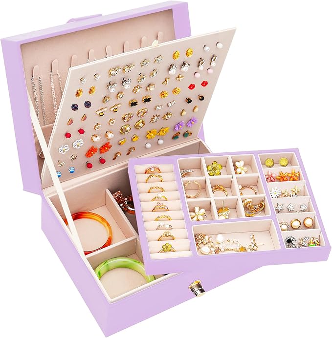 Earrings Jewelry Box for Girls, Large Capacity Jewelry Organizer with 40-Pair Earring Board, 2-Layer Leather Jewelry Storage Box for Necklaces Rings Bracelets with Removable Tray, LightPurple by ARIYIBO