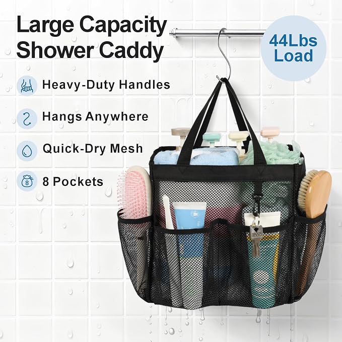 F-color Mesh Shower Caddy Portable, Upgrade Deeper 7 Pockets Shower Bag Basket Tote for College Dorm Room Bathroom Essentials Gym Camp Quick Dry 2 handles with S Hook, 2 Pack Black - Image 3