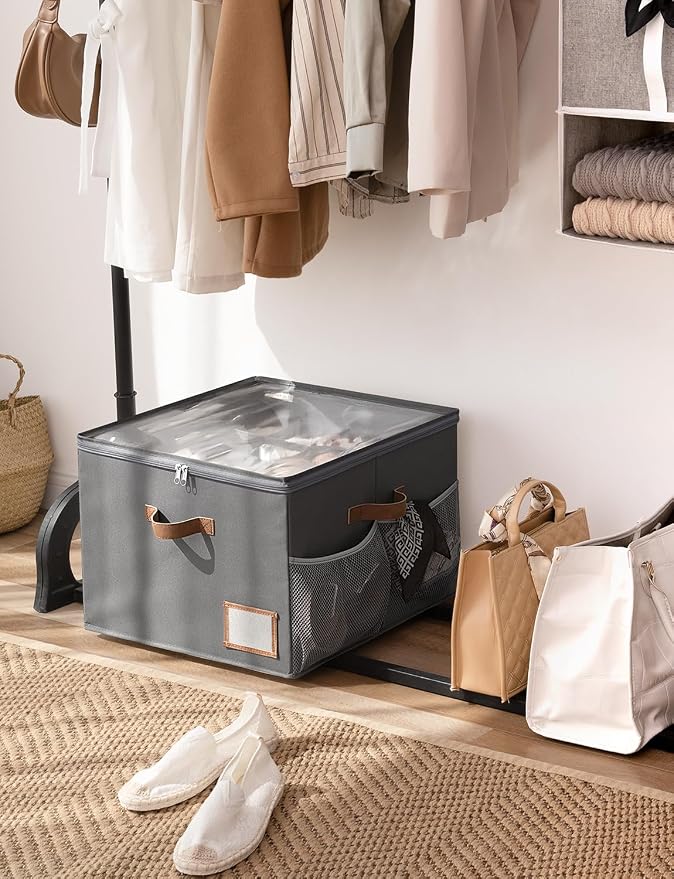 StorageWorks Shoe Organizer for Closet, Fabric Shoe Storage Boxes for Slippers and Sandals, Stackable Shoe Bins for Closet with Side Mesh Pockets, Holds Up to 16 Pairs, Grey - Image 5