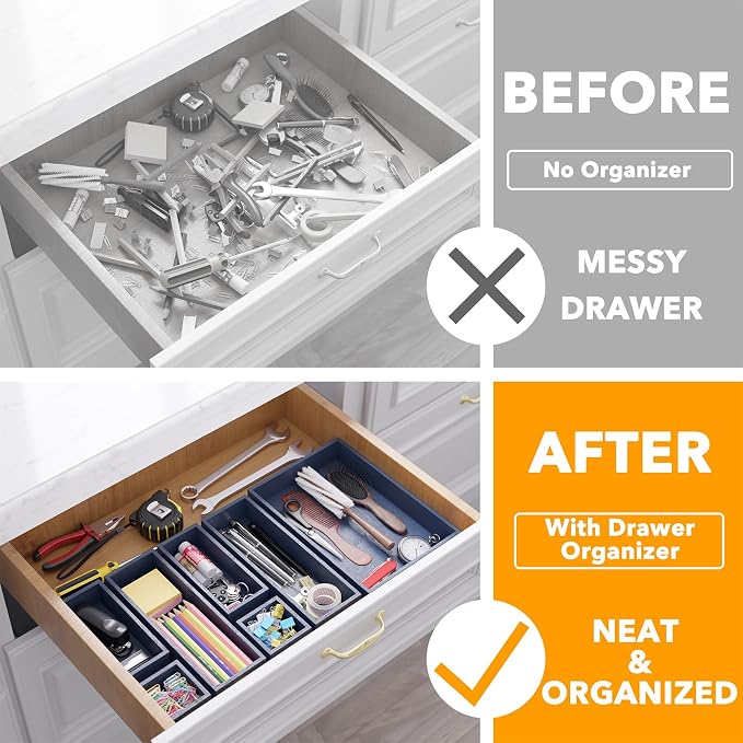 SpaceAid 7-Piece Bamboo Drawer Organizer Storage Boxes Set, Wood Tray Junk Drawer Organizers Multi-Use Divider Bins for Kitchen, Bathroom, Office Desk and Makeup Organization (7 Pack, Navy Blue) - Image 2