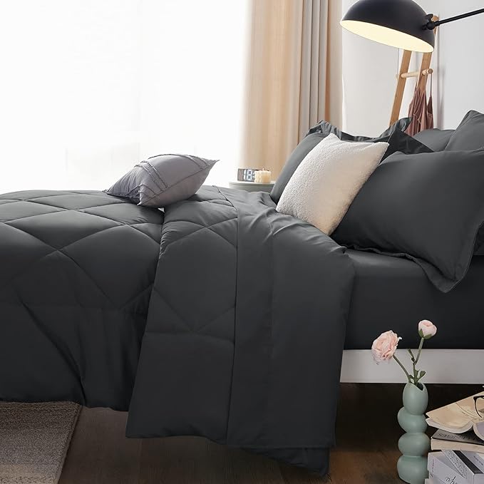 CozyLux California King Comforter Set Dark Grey - Cal King Bed in a Bag 7 Pieces, Luxury Soft Bed Set for All Seasons, Bedding Set with Down Alternative Comforter, Sheets, Pillowcases & Shams
