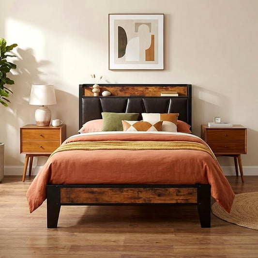 LIKIMIO Twin Bed Frame, Storage Headboard with Charging Station, Solid and Stable, Noise Free, No Box Spring Needed, Easy Assembly (Vintage and Black)