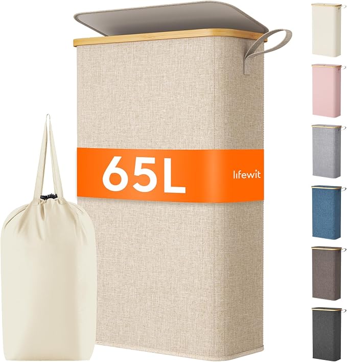 Lifewit 65L Slim Laundry Hamper with Lid, Narrow Laundry Basket with Removable Bag & Bamboo Handles, Fodable Thin Dirty Clothes Hamper for Laundry Collapsible Bin for Bathroom Bedroom Dorm, Beige by Lifewit