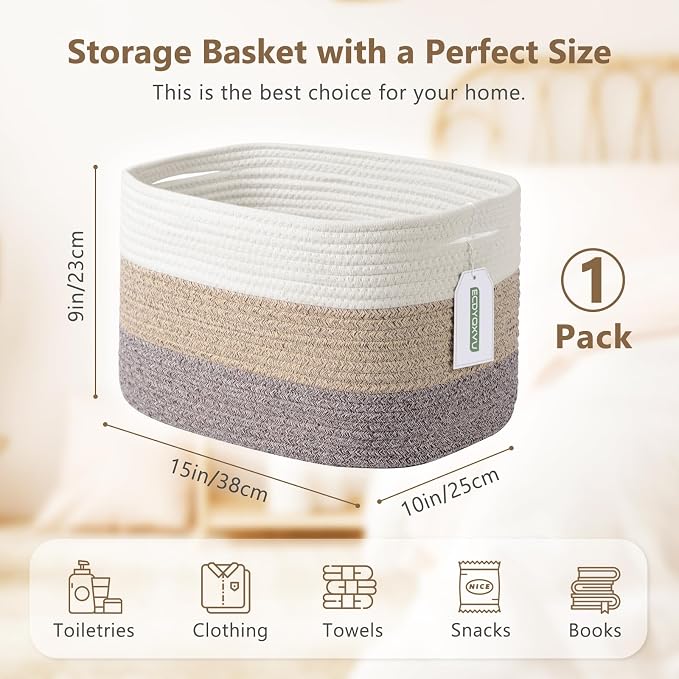 ECDYQXVU Cotton Rope Storage Basket, 15x10x9 Inches, Woven Basket for Shelves, Clothes, Towels, Books, and Laundry, White Brown (1 Pack) - Image 3