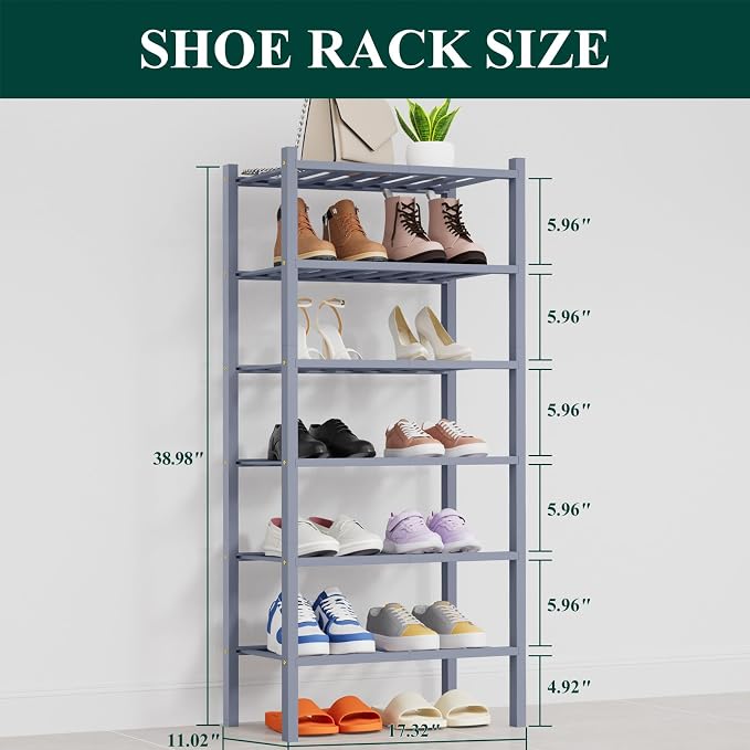 Smiry Shoe Rack, 6 Tier Thick Small Bamboo Shoe Organizer, Stackable Free Standing Wooden Shoe Storage Shelf for Closet, Entryway, Front Door Entrance, Grey - Image 2