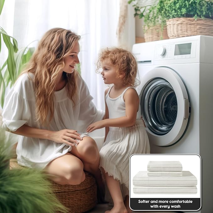 SONORO KATE 100% French Pure Linen Sheets, Breathable and Durable Linen Queen Size Sheets, Anti-Tear Linen Bed Sheets, Machine Washable, 16 Inch Deep Pocket - 4 Piece (White & Dark Grey Stripes)