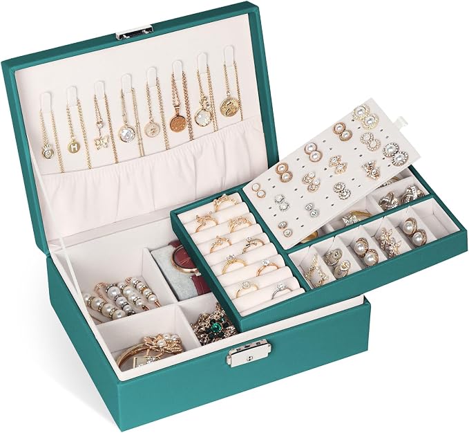 Jewelry Box for Women Girls, 2 Layers Jewelry Organizer Container with Lock, PU Leather Storage Case with Removable Tray, Jewelry Display Box for Necklaces Earrings Bracelets Rings Watches (Green) by Hatori
