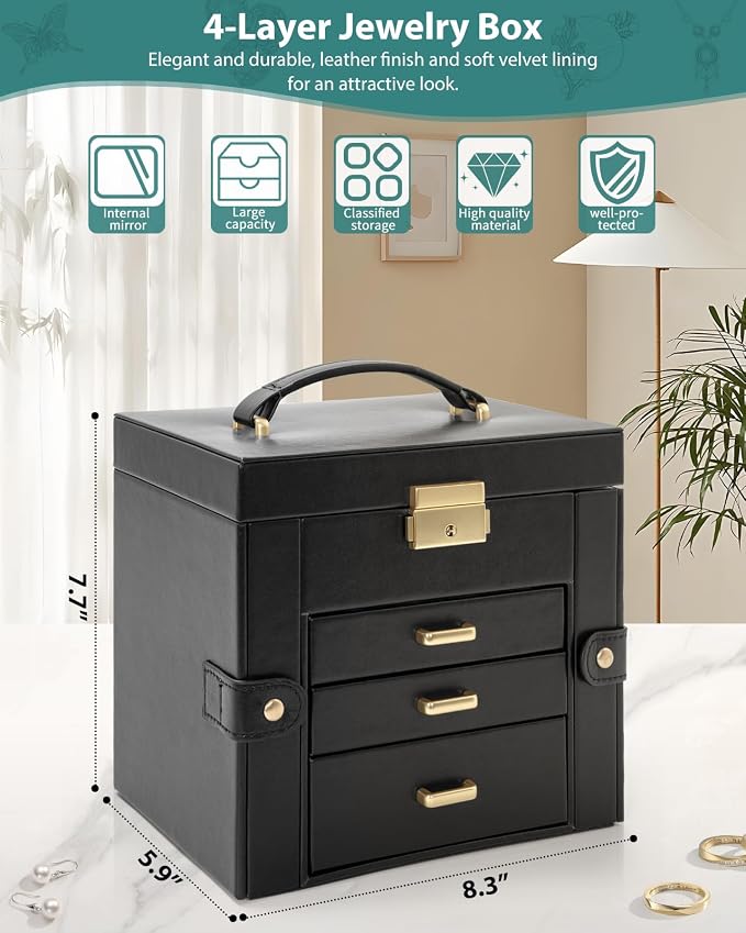 AKOZLIN 4-Tier Jewelry Box Leather Jewelry Storage Organizer with 3 Drawers Lockable for Women Girls Ring Necklace Earring Bracelet Holder with Mirror Black - Image 2