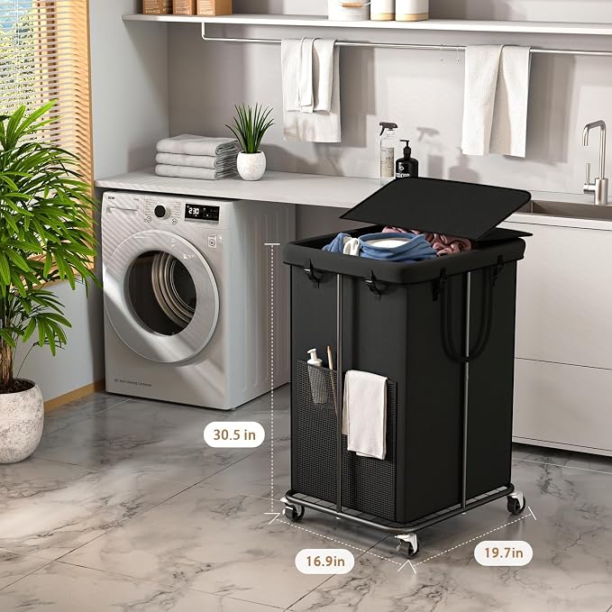 40 Gal Large Laundry Hamper with Lid, Rolling Laundry Basket with Wheels, Oxford Fabric Dirty Clothes Hampers with Removable Laundry Bag & Metal Frame for Bedroom, Laundry Room, Bathroom, Dorm(Black) - Image 2