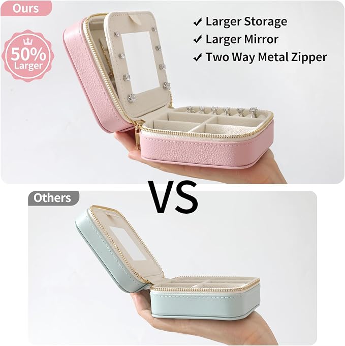 Genuine Leather Travel Jewelry Organizer Case with Mirror for Women, Small Mini Portable Jewelry Box for Ring Earrings Necklace Bracelet Luxury Gift for Women（Light Blue） - Image 3