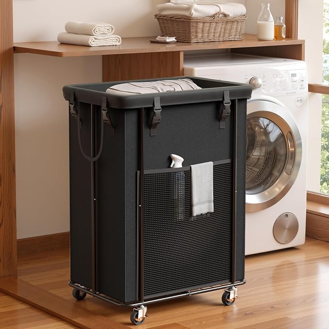 200L Laundry Hamper with Wheels, Rolling Laundry Basket with Metal Frame and Removable Bag, Large & Tall Dirty Clothes Hampers for Bedroom Aesthetic, Laundry Room, Bathroom, Dorm-Black by OLLDIDE
