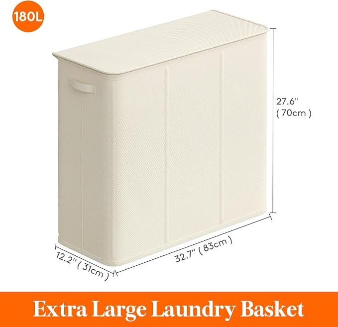 Lifewit Triple Laundry Hamper with Lid and Removable Laundry Bags, Large Collapsible 3 Dividers Dirty Clothes Basket with Handles for Bedroom, Laundry Room, Closet, Bathroom, College, 180L White - Image 5