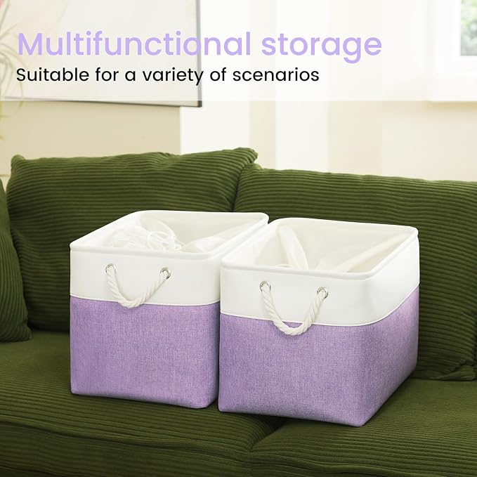 Large Storage Baskets- 16x12x12 inch Storage Bins for Shelves and Closet Organizing, Foldable Fabric Bin for Home Organization Clothes and Laundry (1-Pack, White&Purple) - Image 6