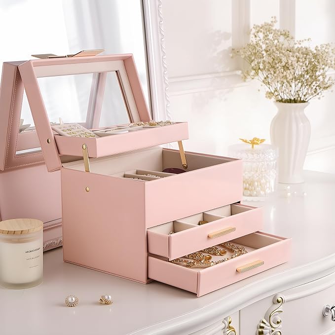 Lolalet Jewelry Box, Clear Window Jewelry Organizer with Drawer for Earrings Bracelets Necklaces Rings, Jewelry Storage for Women -Pink, 4 Layers - Image 7