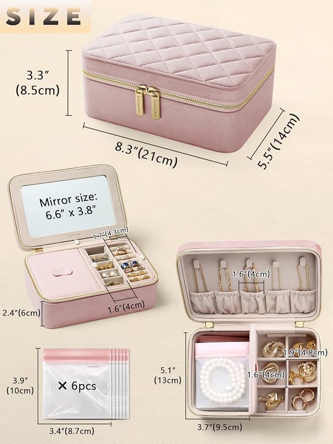 Velvet Travel Jewelry Box with Large Mirror, Double-Layer Jewelry Organizer Case for Women and Girls, Portable Storage Case with 6 Anti-Tarnish Bags Gift Ready for Her (Blush Pink) - Image 2