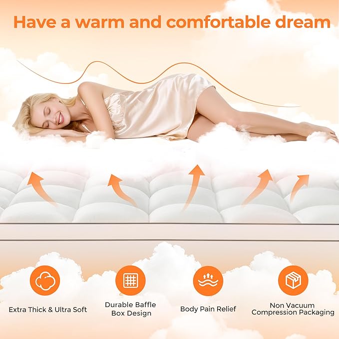 Ultra Soft Coral Fleece King Size Mattress Topper, No Compression Plush Thick Pillow Top Mattress Pad with Deep Pocket, Winter Warm Cozy Bed Topper Cover for Back Pain Relief