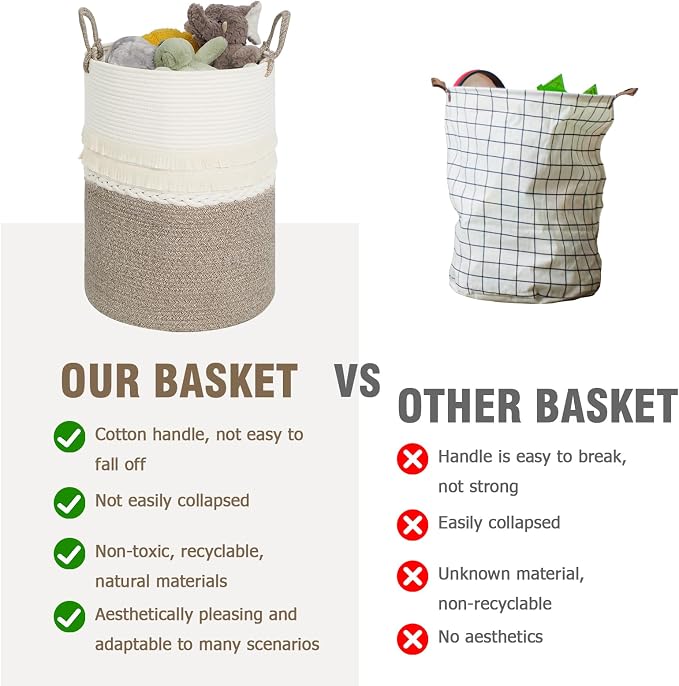 danpinera 79 L Large Laundry Basket, Tall Woven Cotton Storage Hamper with Handles, Dirty Clothes Hamper in Bathroom, Decorative Storage Basket for Living Room White & Brown - Image 3