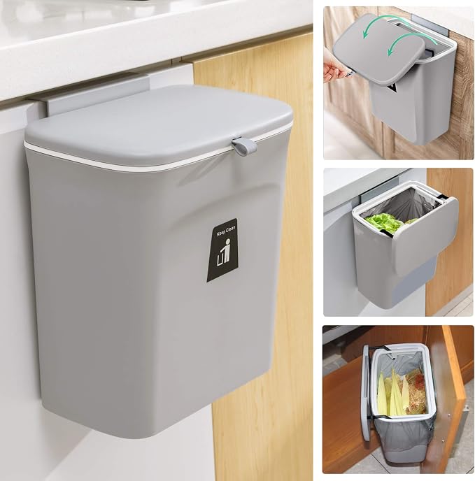 Tiyafuro 2.4 Gallon Kitchen Compost Bin for Counter Top or Under Sink, Hanging Small Trash Can with Lid for Cupboard/Bathroom/Bedroom/Office/Camping, Mountable Indoor Compost Bucket, Gray by Tiyafuro