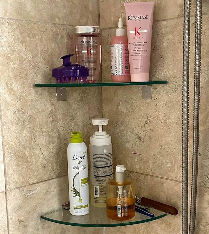 Bakzon Tempered Glass Corner Shower Shelves for Inside Shower, 2-Pack No Drill Adhesive Bathroom Organizer, Rustproof Aluminum Brackets, Glass Shower Corner Shelf - Image 7