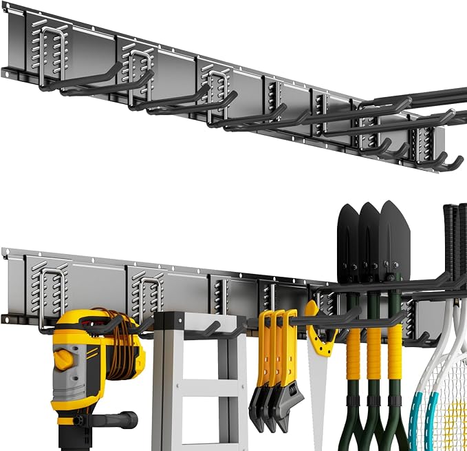 Garden Tool Organizer Wall Mount, 48inch Heavy Duty Garden Tool organizer Storage System, Easy Install With 7 Adjustable Hooks, For Garage, Basement, Shed, Workshop(Black) by CRXCRC