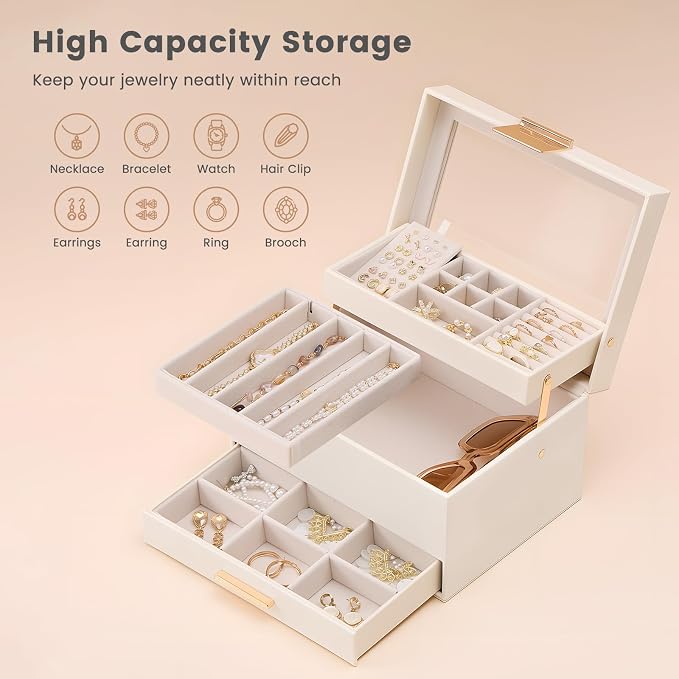 Lolalet Jewelry Box, Clear Window Jewelry Organizer with Drawer for Earrings Bracelets Necklaces Rings, Jewelry Storage for Women -White, 3 Layers - Image 2